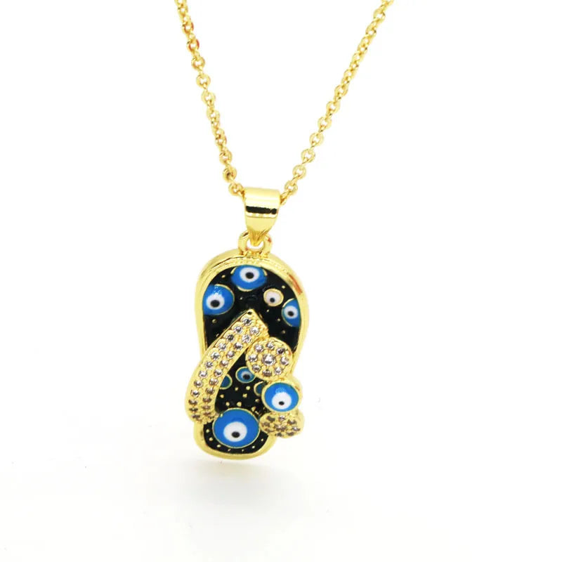 Copper 18K Gold Plated Enamel Inlay Slippers Zircon Pendant Necklace