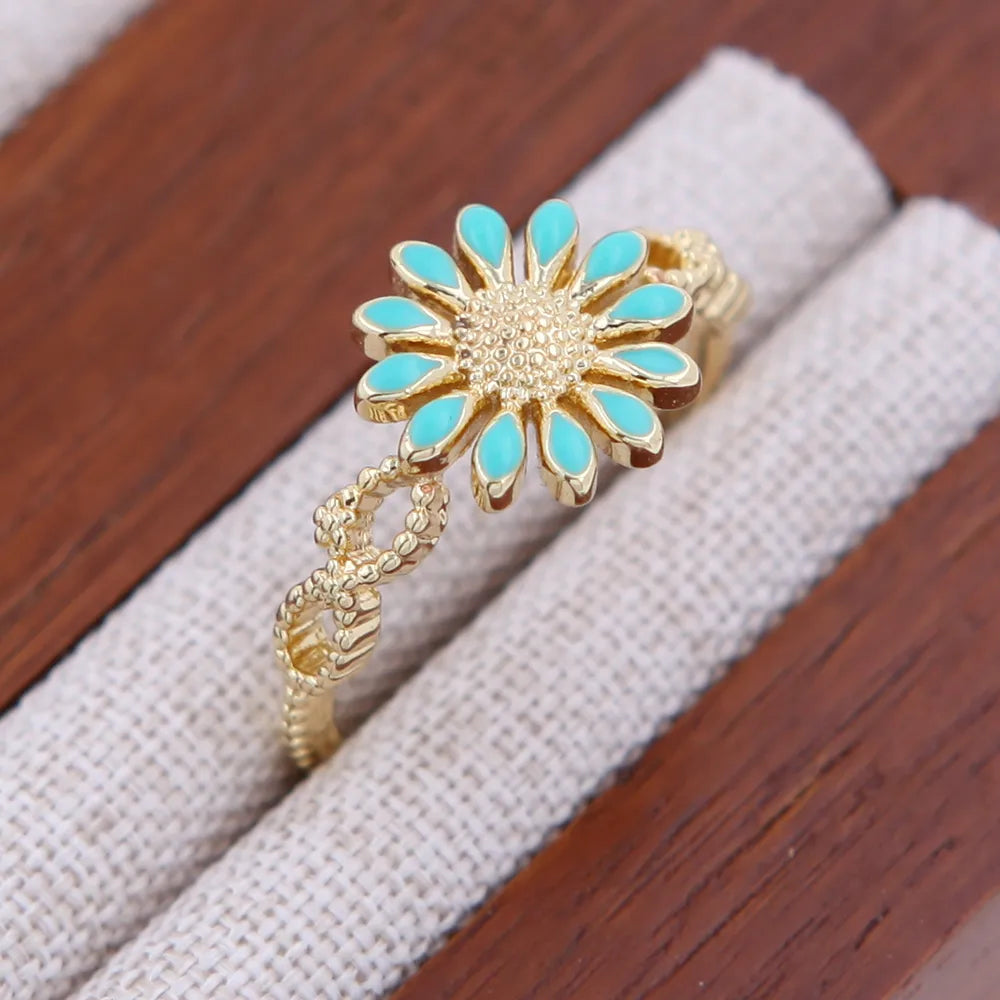 Copper 18K Gold Plated Enamel Stoving Varnish Plating Ditsy Floral Flower Open Rings