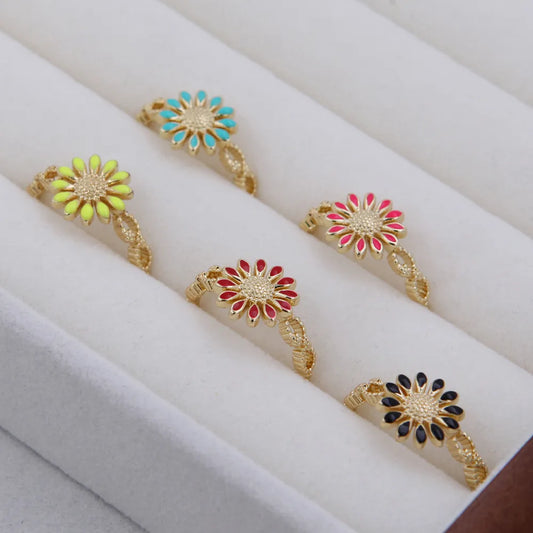 Copper 18K Gold Plated Enamel Stoving Varnish Plating Ditsy Floral Flower Open Rings