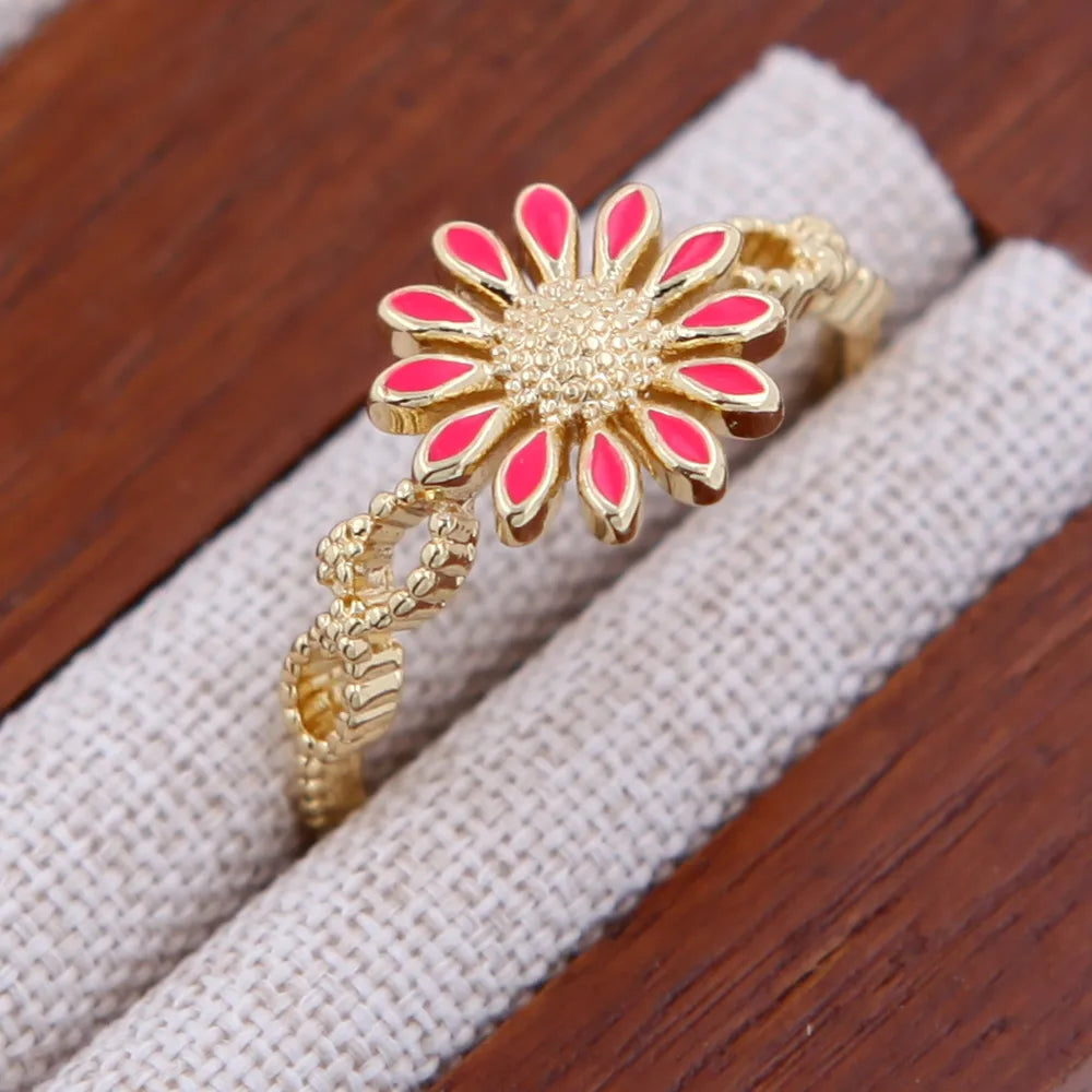 Copper 18K Gold Plated Enamel Stoving Varnish Plating Ditsy Floral Flower Open Rings