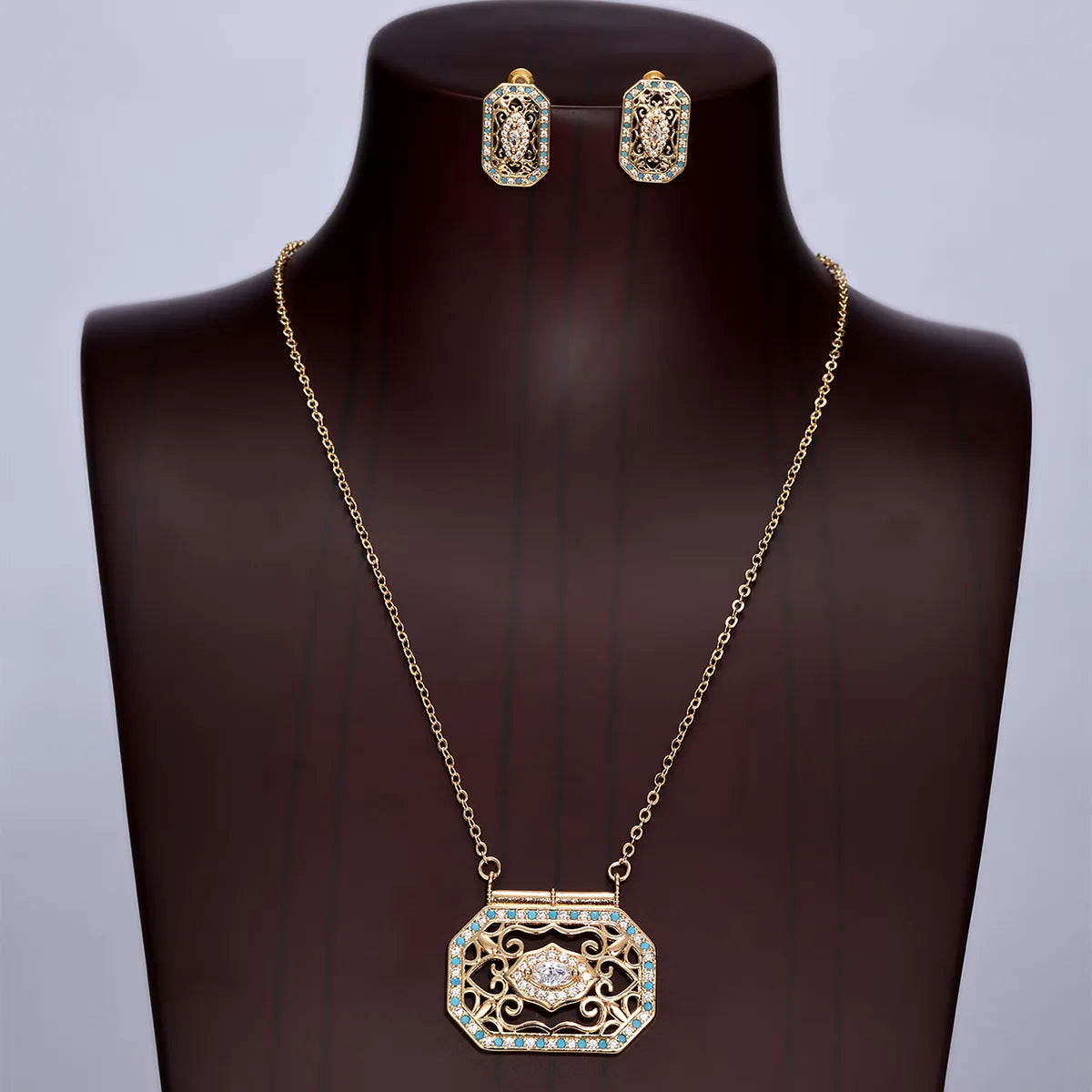 Copper 18K Gold Plated Ethnic Style Pastoral Simple Style Hollow Out Inlay Printing Zircon Jewelry Set