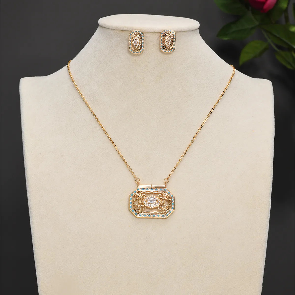 Copper 18K Gold Plated Ethnic Style Pastoral Simple Style Hollow Out Inlay Printing Zircon Jewelry Set