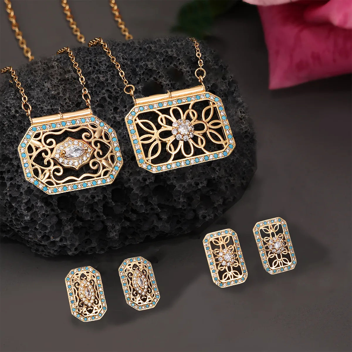 Copper 18K Gold Plated Ethnic Style Pastoral Simple Style Hollow Out Inlay Printing Zircon Jewelry Set