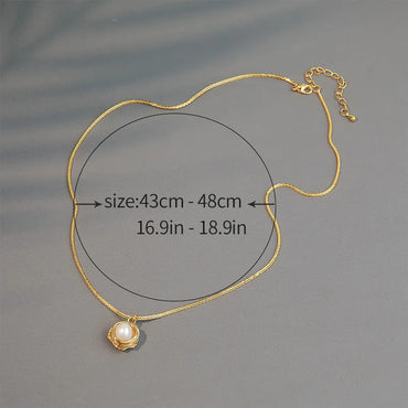 Copper 18K Gold Plated French Style Inlay Round Flower Freshwater Pearl Pendant Necklace