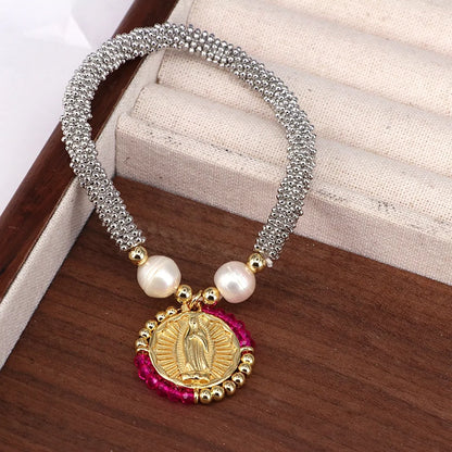 Copper 18K Gold Plated Handmade Pearl Human Round Crystal Bracelets