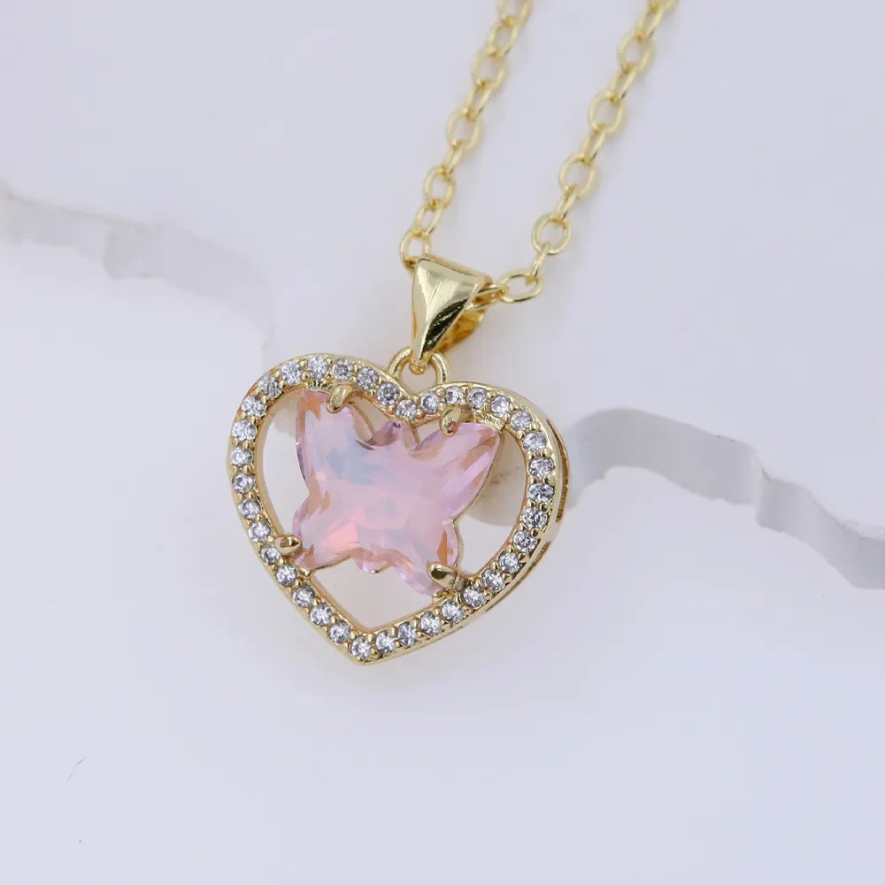 Copper 18K Gold Plated Hollow Out Inlay Heart Shape Butterfly Zircon Pendant Necklace