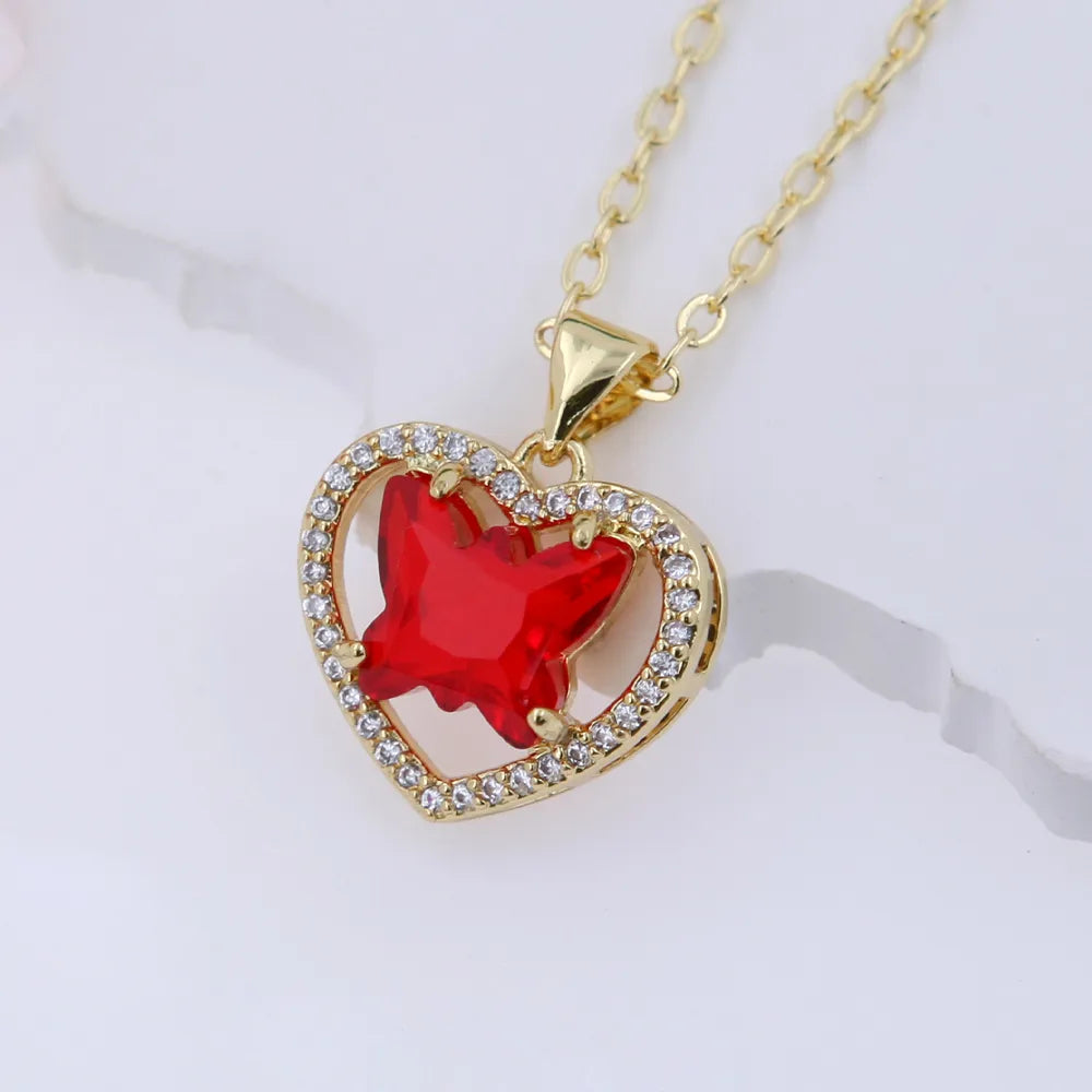 Copper 18K Gold Plated Hollow Out Inlay Heart Shape Butterfly Zircon Pendant Necklace