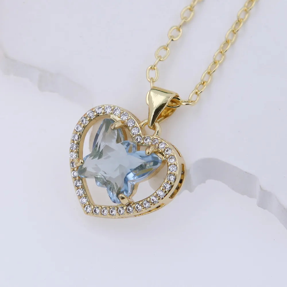 Copper 18K Gold Plated Hollow Out Inlay Heart Shape Butterfly Zircon Pendant Necklace