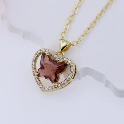 Copper 18K Gold Plated Hollow Out Inlay Heart Shape Butterfly Zircon Pendant Necklace