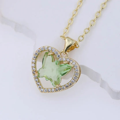 Copper 18K Gold Plated Hollow Out Inlay Heart Shape Butterfly Zircon Pendant Necklace