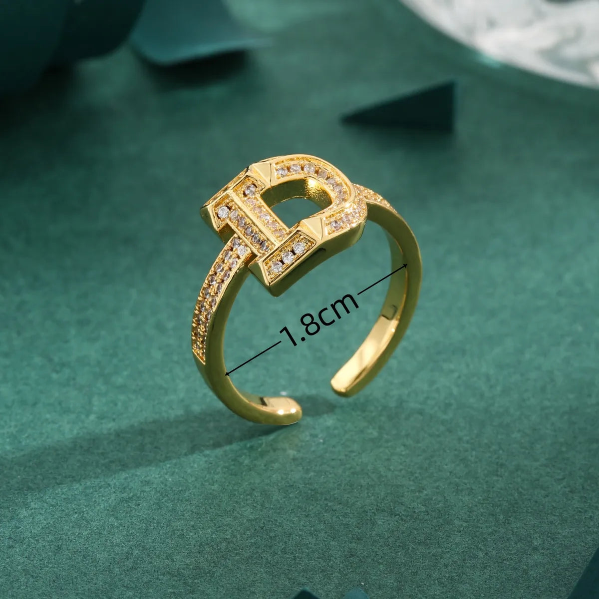 Copper 18K Gold Plated Hollow Out Inlay Letter Zircon Open Rings