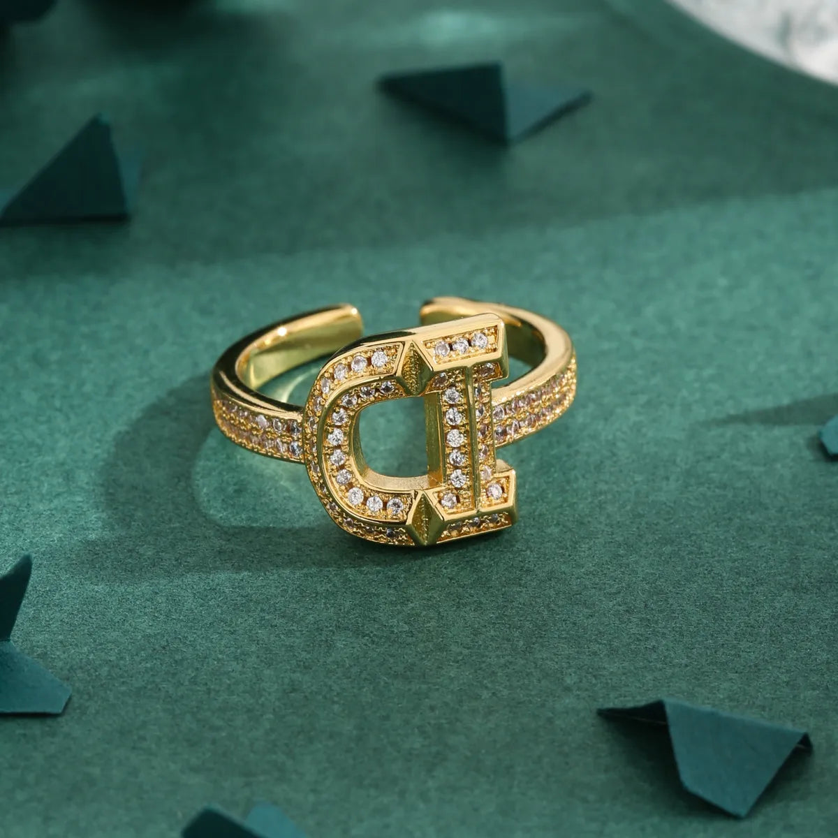 Copper 18K Gold Plated Hollow Out Inlay Letter Zircon Open Rings