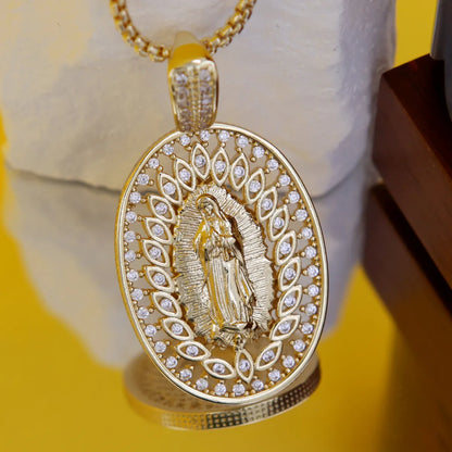 Copper 18K Gold Plated Hollow Out Inlay Virgin Mary Eye Zircon Pendant Necklace