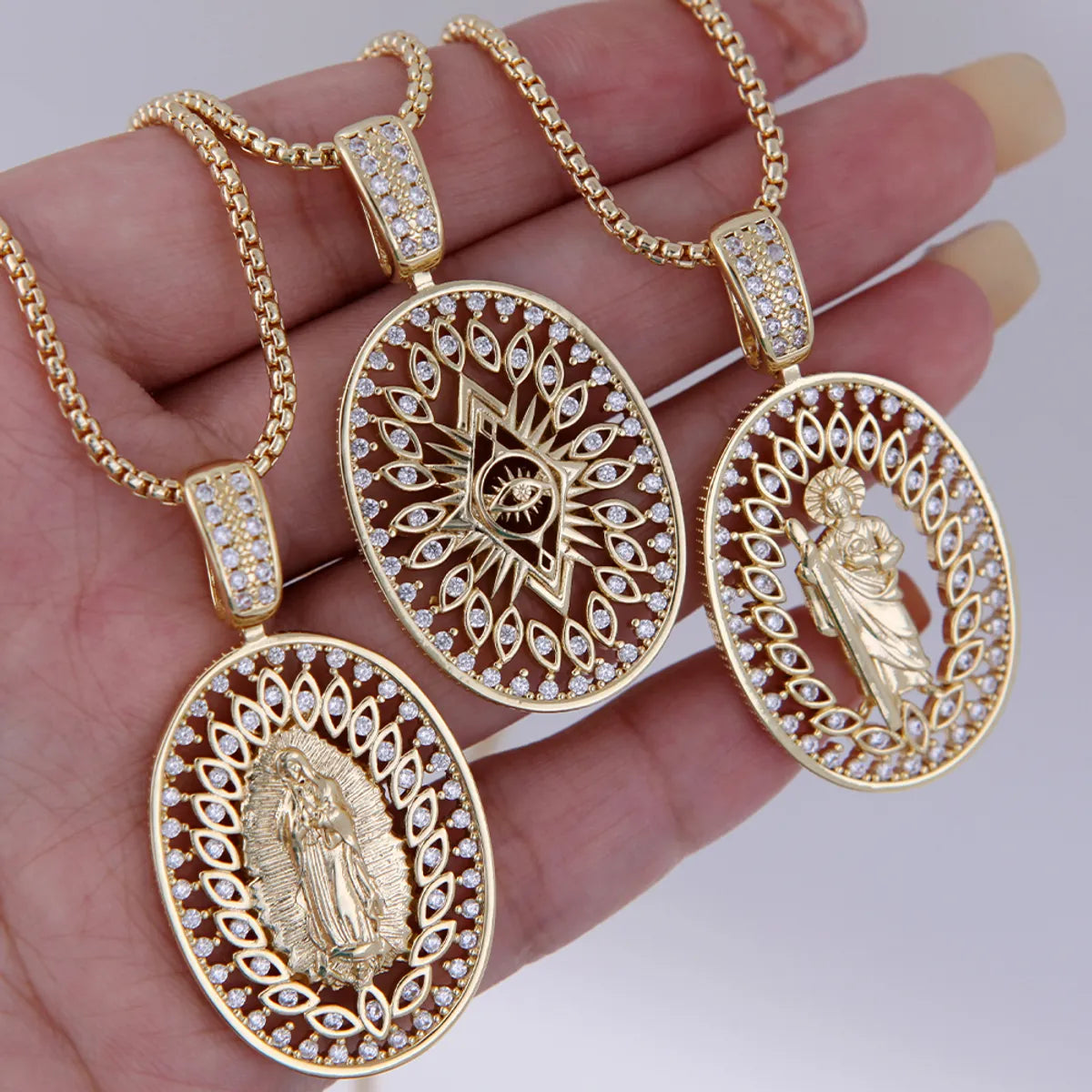 Copper 18K Gold Plated Hollow Out Inlay Virgin Mary Eye Zircon Pendant Necklace