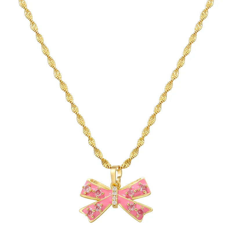 Copper 18K Gold Plated IG Style Casual Sweet Enamel Plating Inlay Bow Knot Zircon Pendant Necklace