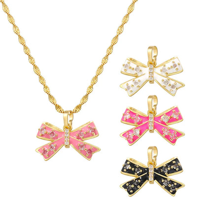 Copper 18K Gold Plated IG Style Casual Sweet Enamel Plating Inlay Bow Knot Zircon Pendant Necklace