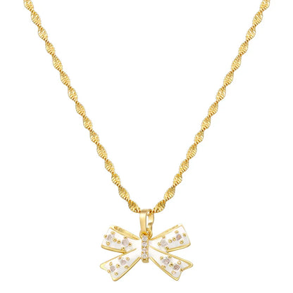 Copper 18K Gold Plated IG Style Casual Sweet Enamel Plating Inlay Bow Knot Zircon Pendant Necklace