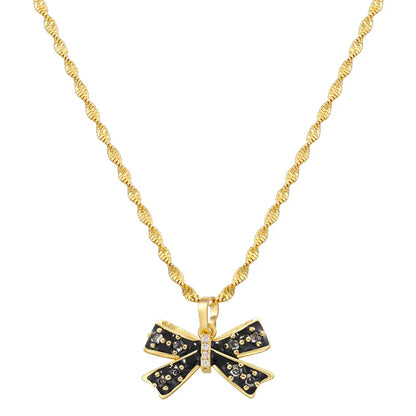 Copper 18K Gold Plated IG Style Casual Sweet Enamel Plating Inlay Bow Knot Zircon Pendant Necklace