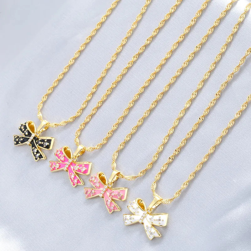 Copper 18K Gold Plated IG Style Casual Sweet Enamel Plating Inlay Bow Knot Zircon Pendant Necklace