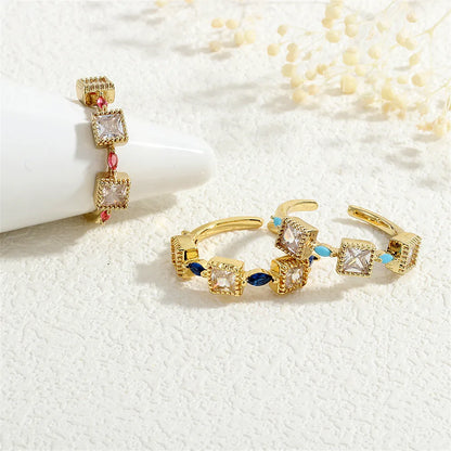 Copper 18K Gold Plated IG Style Casual Sweet Inlay Square Zircon Open Rings