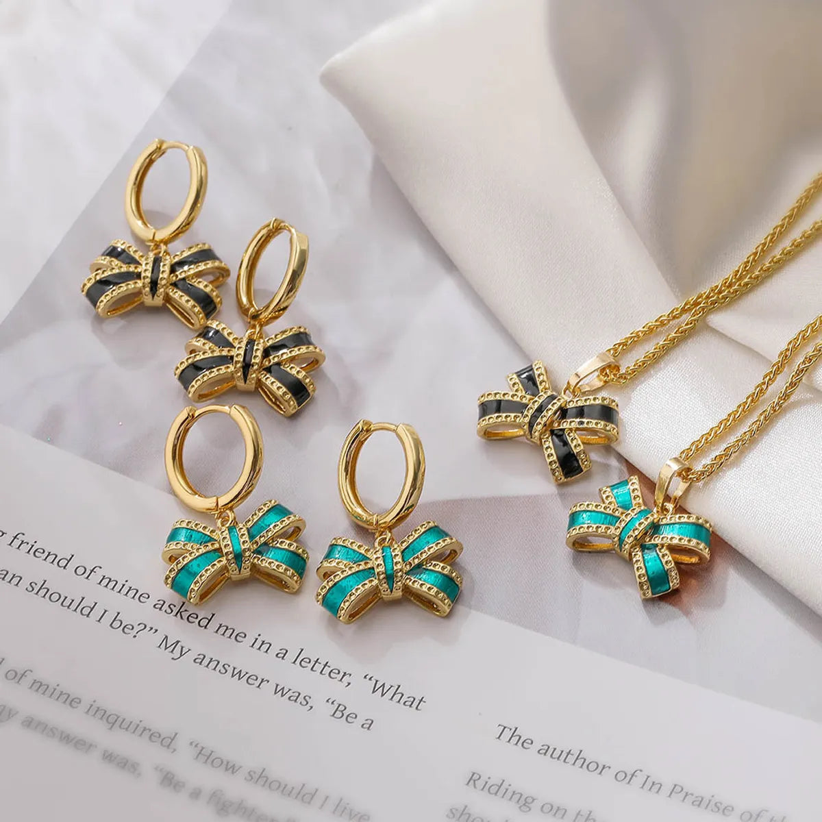 Copper 18K Gold Plated IG Style Elegant Sweet Enamel Plating Bow Knot Earrings Necklace