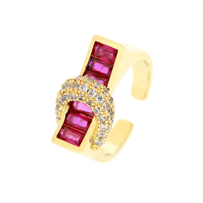 Copper 18K Gold Plated IG Style Hip-Hop Commute Inlay Buckle Zircon Open Rings