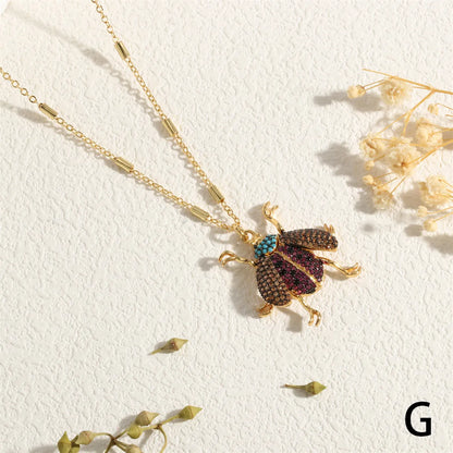 Copper 18K Gold Plated IG Style Insect Beetles Dragonfly Inlay Stone Zircon Pendant Necklace