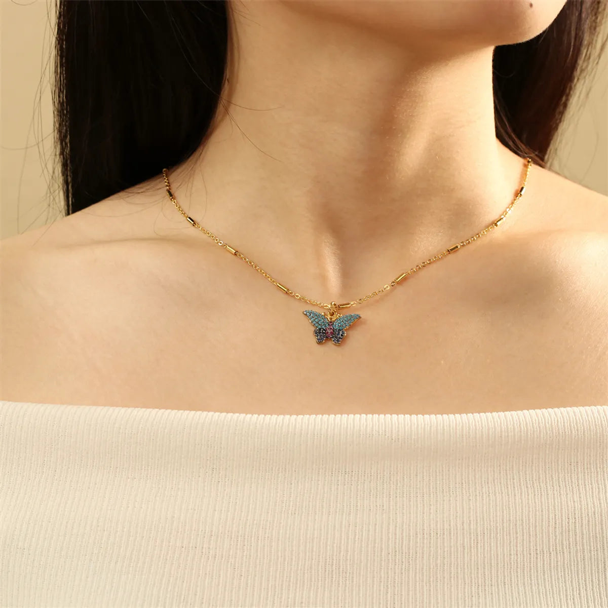 Copper 18K Gold Plated IG Style Insect Beetles Dragonfly Inlay Stone Zircon Pendant Necklace