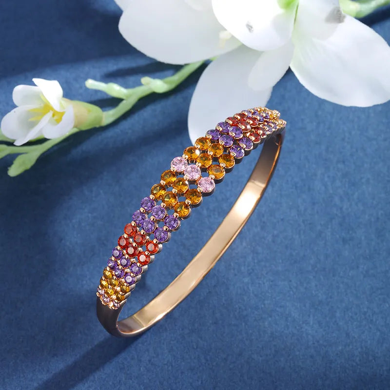 Copper 18K Gold Plated IG Style Lady Streetwear Plating Inlay Geometric Round Artificial Gemstones Bangle