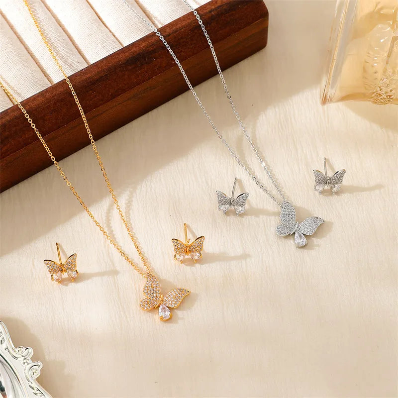 Copper 18K Gold Plated IG Style Modern Style Classic Style Inlay Geometric Butterfly Zircon Earrings Necklace
