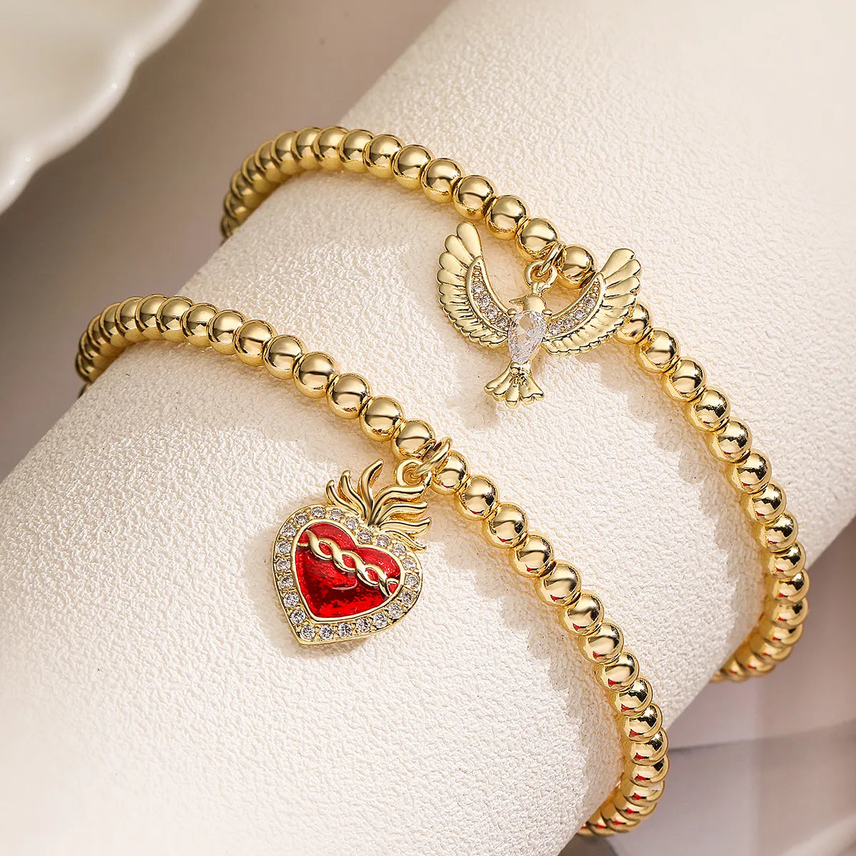 Copper 18K Gold Plated IG Style Retro Commute Heart Shape Bird Inlay Zircon Bracelets