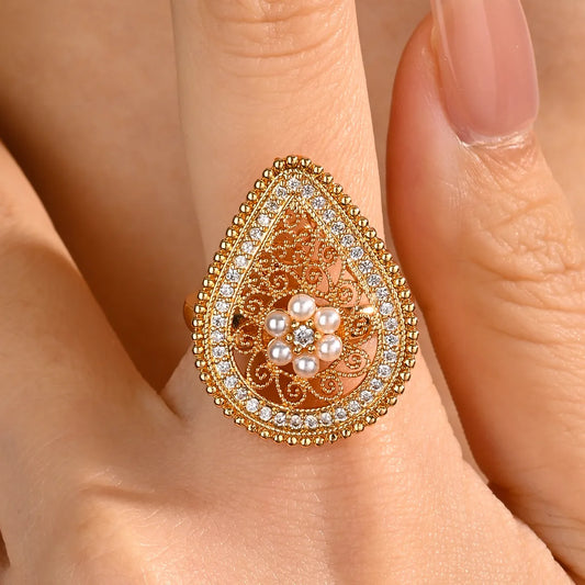 Copper 18K Gold Plated IG Style Shiny Hollow Out Inlay Water Droplets Flower Pearl Zircon Open Rings