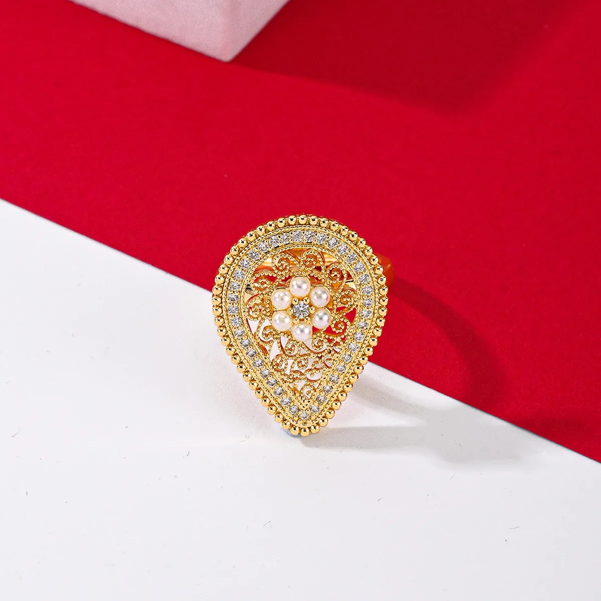 Copper 18K Gold Plated IG Style Shiny Hollow Out Inlay Water Droplets Flower Pearl Zircon Open Rings