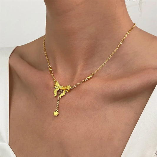 Copper 18K Gold Plated IG Style Simple Style Heart Shape Bow Knot Pendant Necklace