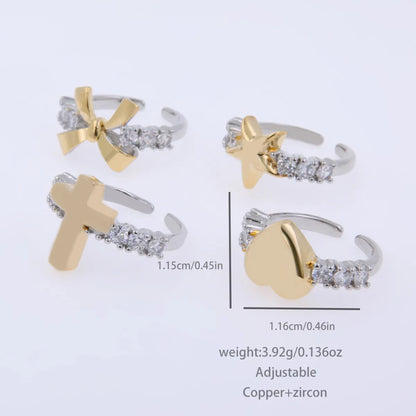 Copper 18K Gold Plated IG Style Streetwear Cool Style Plating Inlay Cross Heart Shape Bow Knot Zircon Open Rings