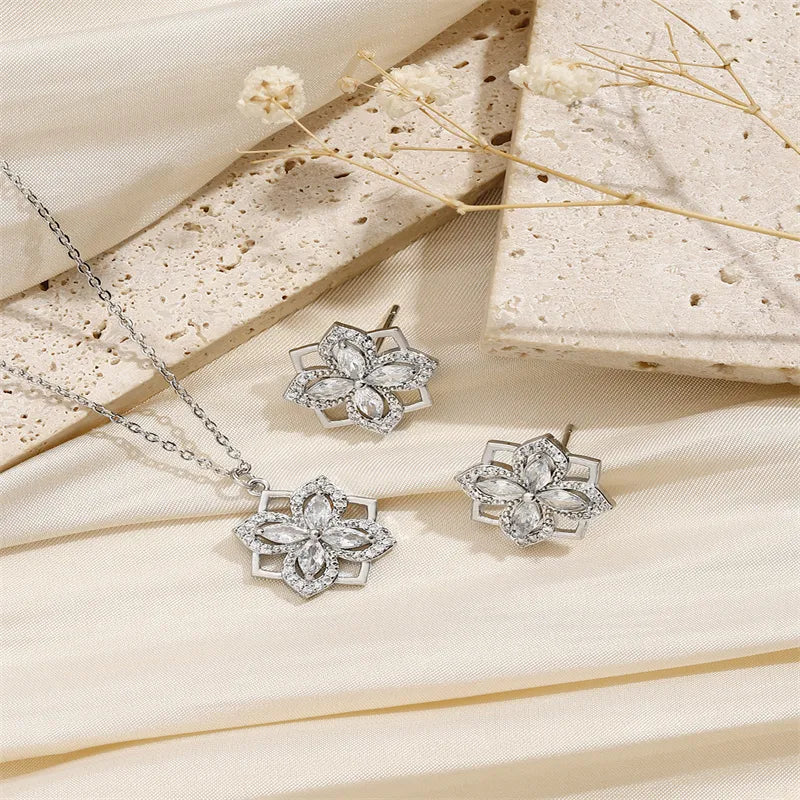 Copper 18K Gold Plated IG Style Sweet Hollow Out Inlay Flower Zircon Jewelry Set