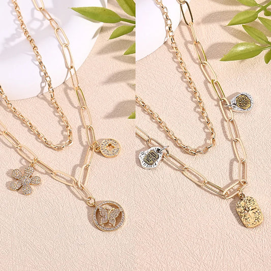 Copper 18K Gold Plated Imitation Gold  Polishing Inlay King Bai Hal Flower Butterfly Zircon Pendant Necklace