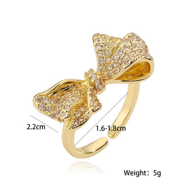 Copper 18K Gold Plated Inlay Bow Knot Zircon Open Rings