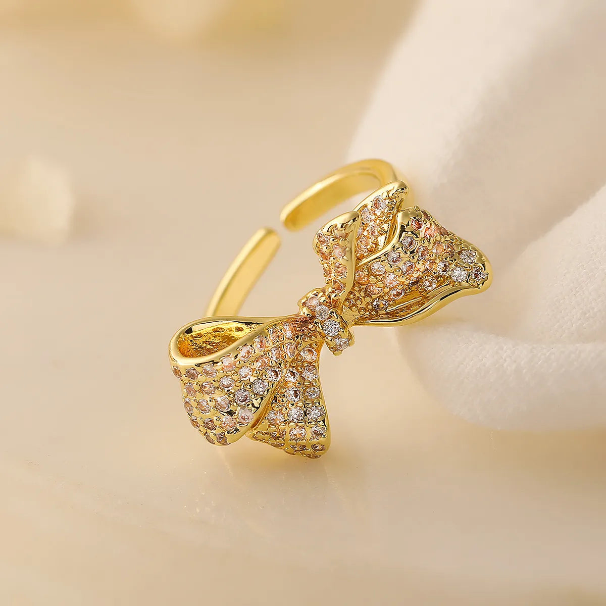 Copper 18K Gold Plated Inlay Bow Knot Zircon Open Rings