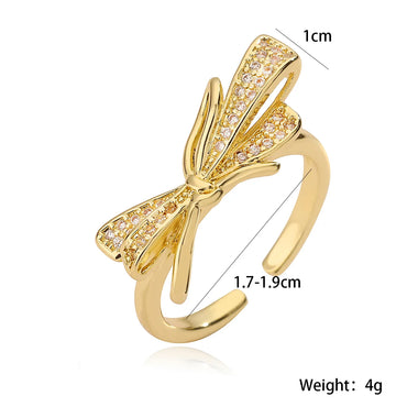 Copper 18K Gold Plated Inlay Bow Knot Zircon Open Rings