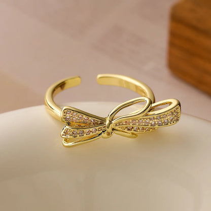 Copper 18K Gold Plated Inlay Bow Knot Zircon Open Rings