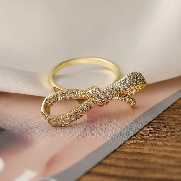 Copper 18K Gold Plated Inlay Bow Knot Zircon Open Rings