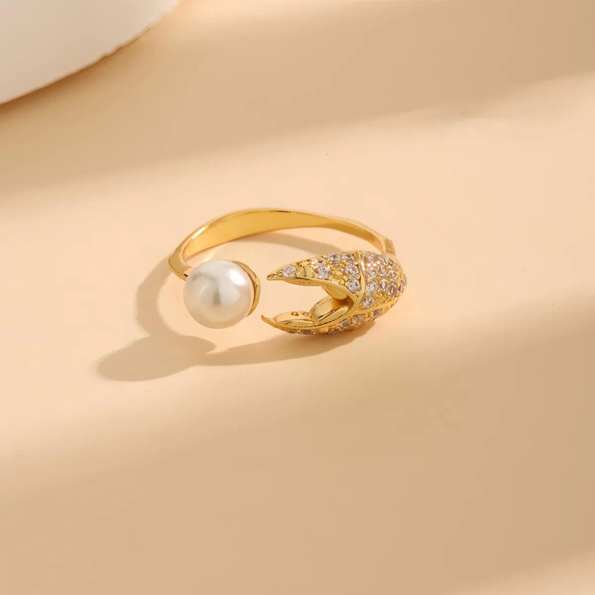 Copper 18K Gold Plated Inlay Crab Pincer Pearl Zircon Open Rings