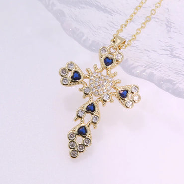 Copper 18K Gold Plated Inlay Cross Heart Shape Zircon Pendant Necklace