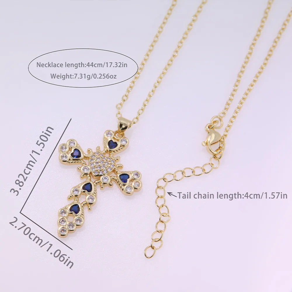 Copper 18K Gold Plated Inlay Cross Heart Shape Zircon Pendant Necklace