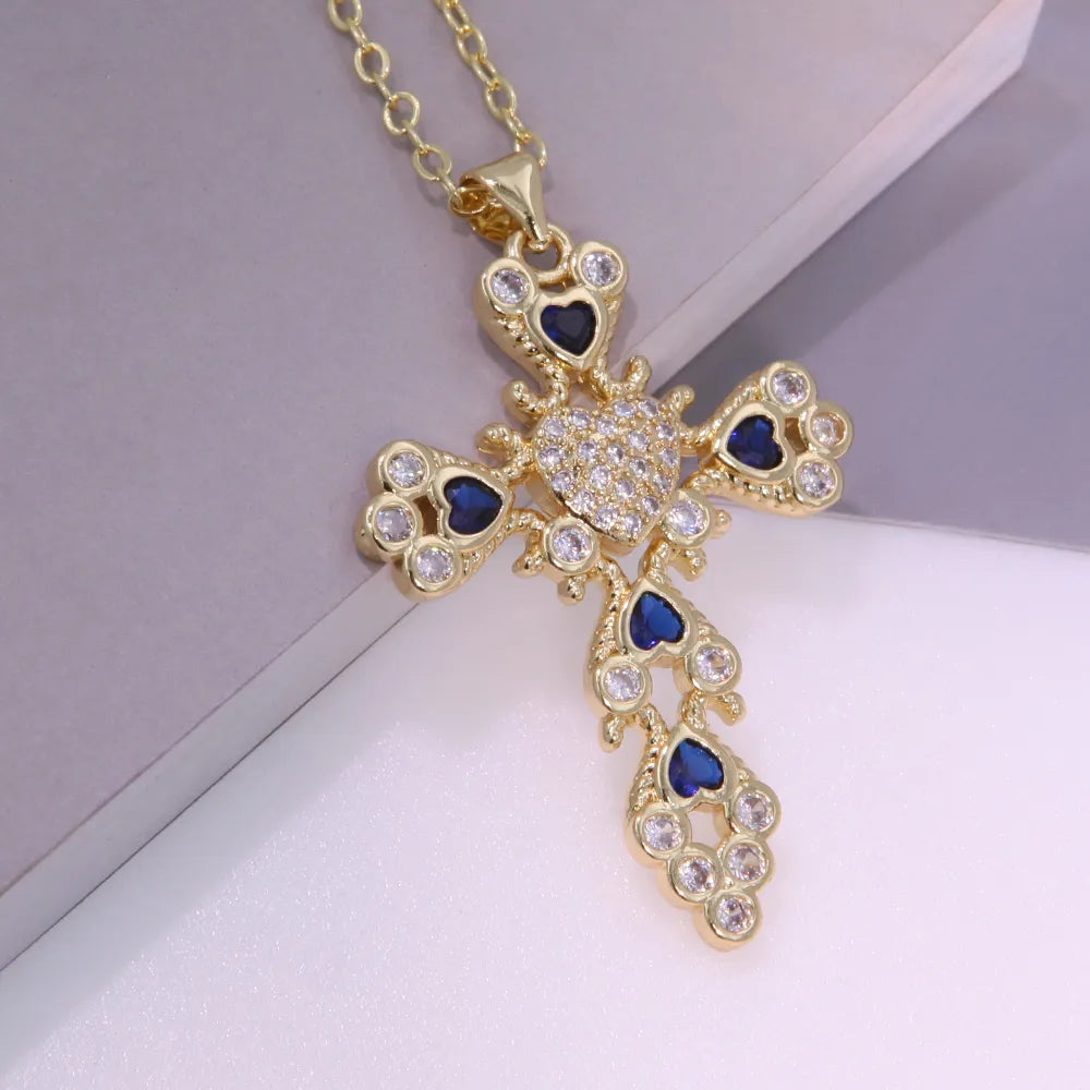 Copper 18K Gold Plated Inlay Cross Heart Shape Zircon Pendant Necklace