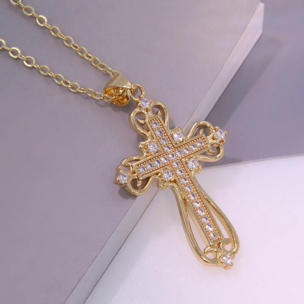 Copper 18K Gold Plated Inlay Cross Heart Shape Zircon Pendant Necklace