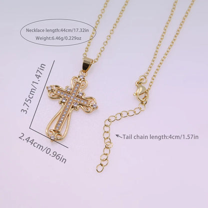 Copper 18K Gold Plated Inlay Cross Heart Shape Zircon Pendant Necklace