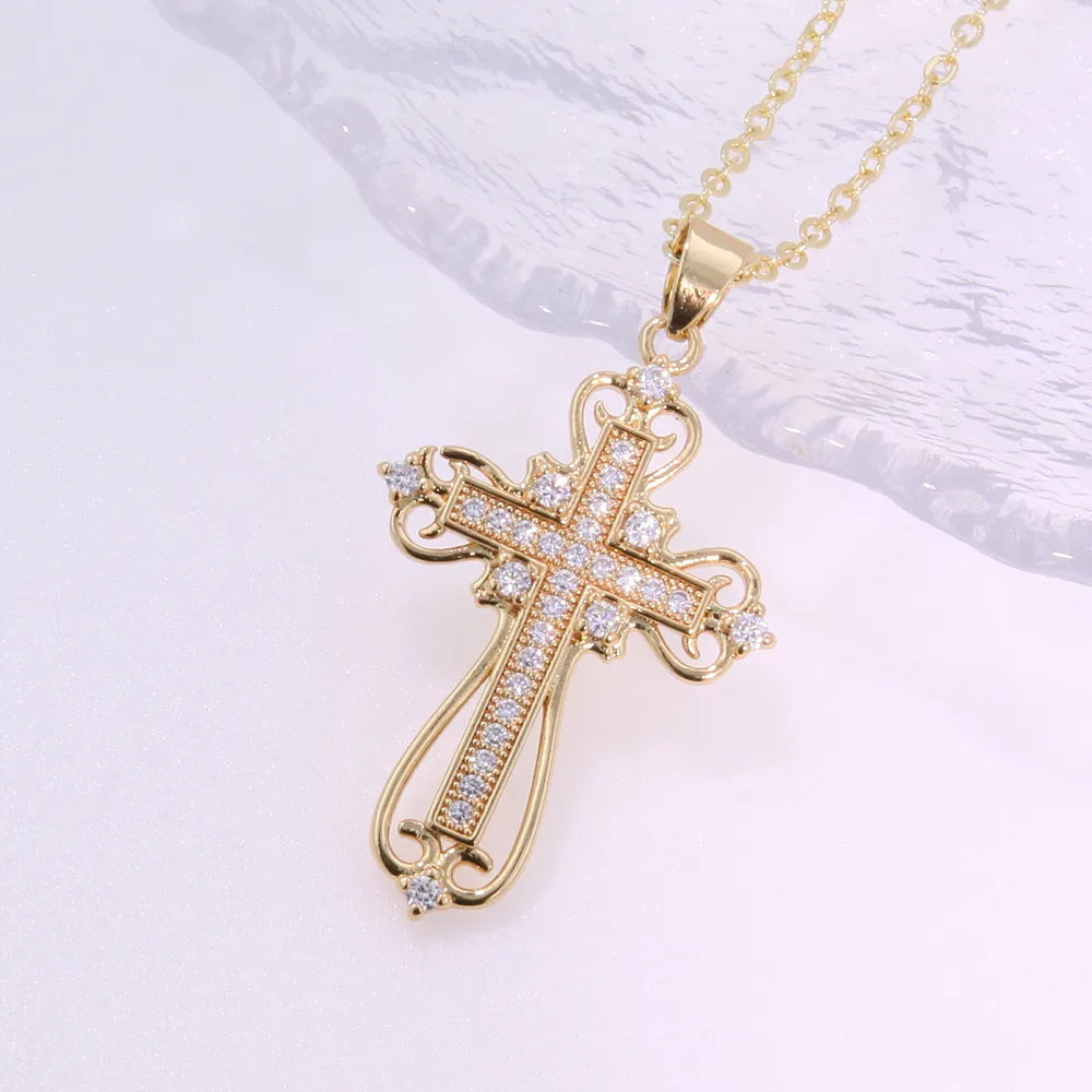 Copper 18K Gold Plated Inlay Cross Heart Shape Zircon Pendant Necklace