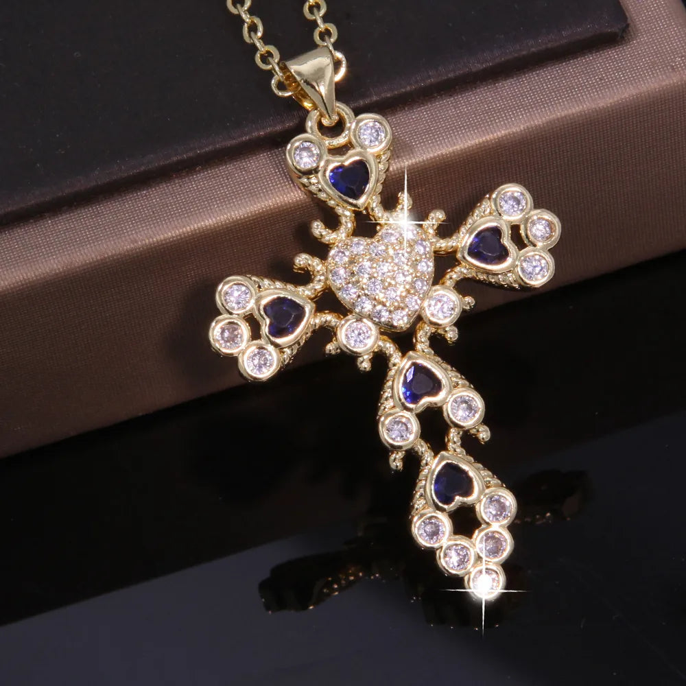 Copper 18K Gold Plated Inlay Cross Heart Shape Zircon Pendant Necklace